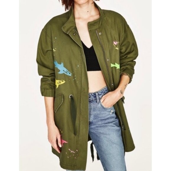 ZARA Basic x Maui & Sons Women's Sz M Shark Print Paint Splatter Utility Jacket - Picture 1 of 15